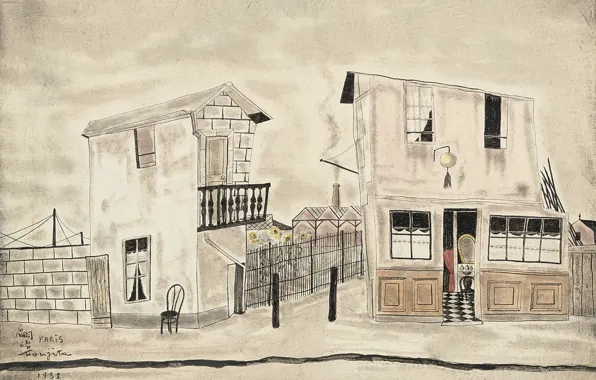 Road, wall, home, chair, 1931, Tsuguharu Foujita, Street scene in Paris