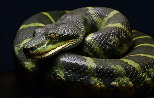 Snake, Black background, Eyes, Face, Python, Reptile, Animal, Digital art