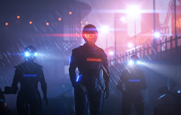 Night, Future, Robot, Light, Rain, Fantasy, Blik, Art