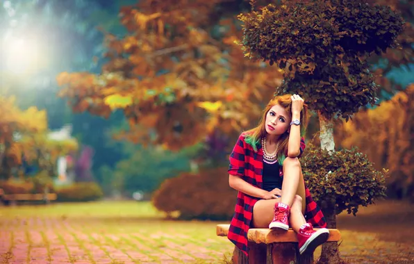 Girl, pose, bench