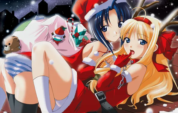 Winter, snow, girls, holiday, new year, gifts, bow