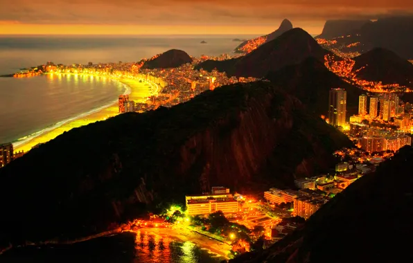 Sea, night, the city, lights, Brazil, Rio de Janeiro