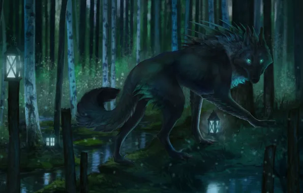 Forest, night, nature, wolf, lantern, retouching, by Aivoree