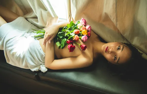 Chest, look, girl, light, flowers, face, pose, sofa