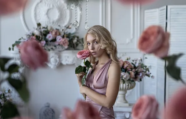 Look, girl, flowers, room, rose, roses, interior, blonde