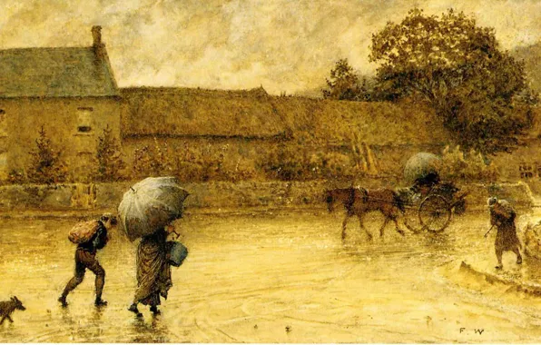 The city, umbrella, people, rain, street, horse, home, picture