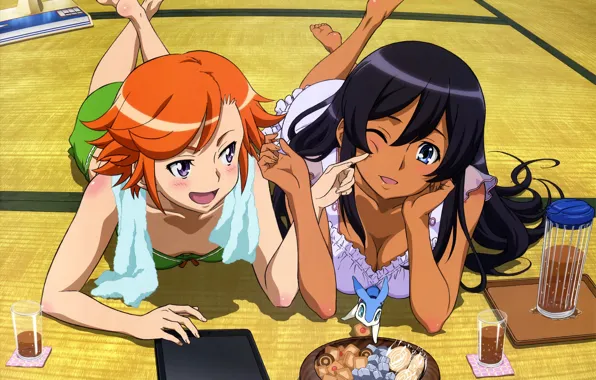 Anime, red, food, redhead, Captain Earth, Hana Mutou, girl, bishojo