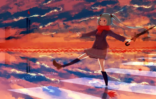 Autumn, the sky, water, reflection, umbrella, scarf, puddle, the transition