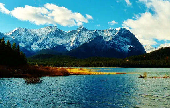 Autumn, snow, mountains, Canada, Albert, lake Kananaskis