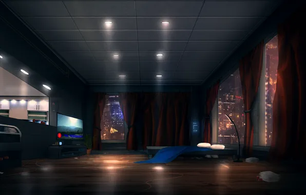 Picture light, room, Windows, bed, apartments, sci-fi