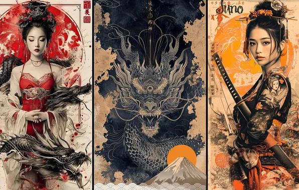 Girl, dragon, miscellaneous, hieroglyphs