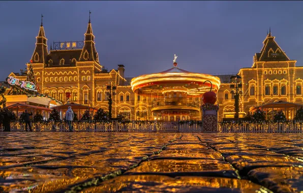 Picture winter, the city, building, new year, the evening, lighting, the fence, Moscow