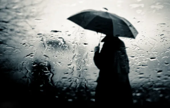 Picture glass, rain, people, divorce, umbrella, cloak, slush, sadly