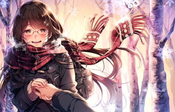 Picture girl, snow, snowflakes, scarf, glasses, anime, art