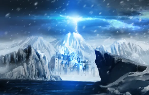 Snow, mountains, lake, castle, lightning, art