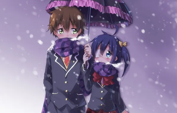 Picture girl, snow, umbrella, anime, scarf, art, headband, form