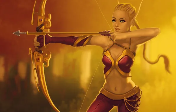 Girl, weapons, bow, art, elf, pigtail