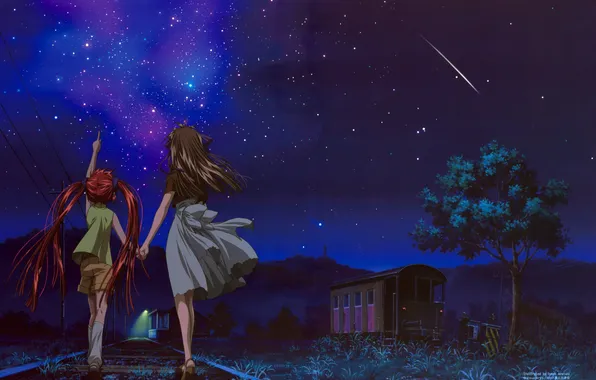 Stars, night, nature, the way, girls, tree, rails, anime