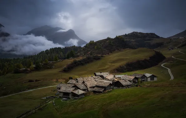 Field, mountains, hills, slope, village, haze, houses