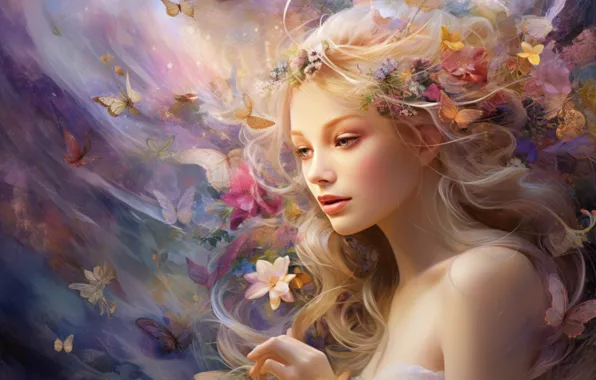 Look, girl, flowers, fantasy, hair, portrait, fantasy, elf