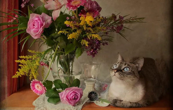 Picture cat, cat, flowers, table, lies, vase, still life