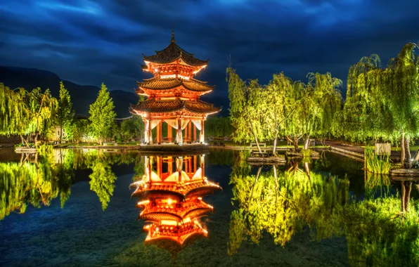 Trees, pond, Park, reflection, China, China, pagoda, Lijiang