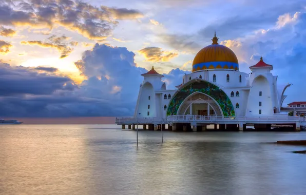 Sea, landscape, Malaysia, Malacca Straits Mosque