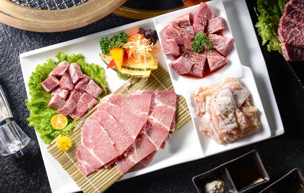 Meat, vegetables, cutting, sesame