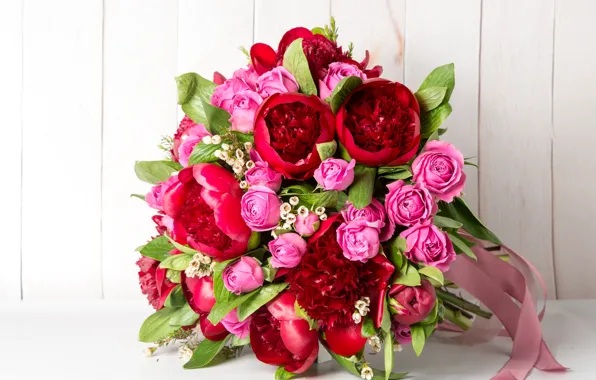 Flowers, red, pink, roses, bouquet, tape, peonies