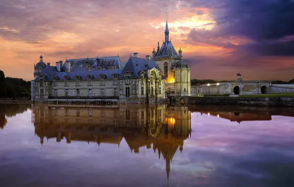 Pond, reflection, France, Oise, Chantilly castle