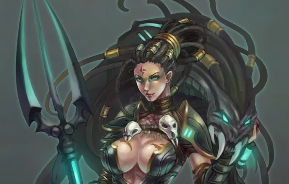 Chest, girl, Trident, skull, League of Legends, nidalee, Bestial Huntress