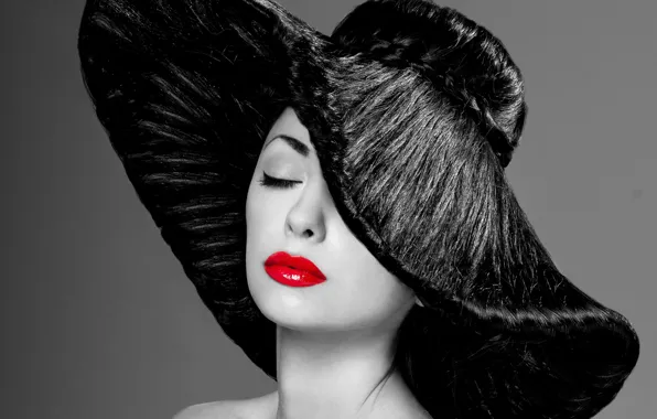 Picture girl, photo, hat, makeup, black and white, red lips