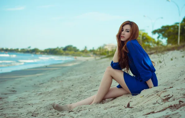 Sand, beach, girl, pose, dress, red, sitting