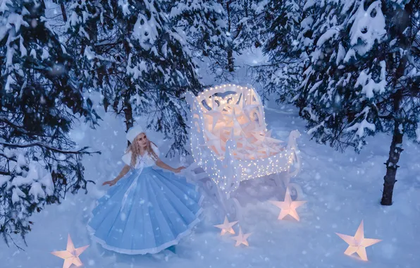 Winter, frost, forest, look, girl, stars, light, snow