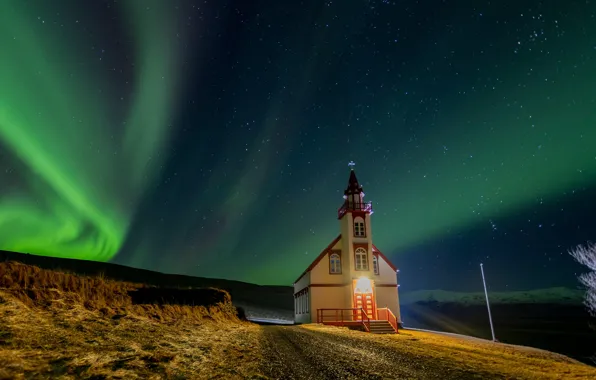 Picture Northern lights, Church, Iceland, Iceland, starry sky, Fast