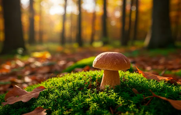 Autumn, forest, trees, mushrooms, moss