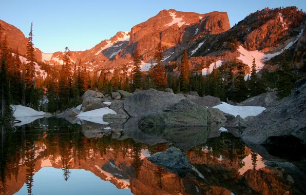 Picture forest, water, snow, trees, mountains, lake, reflection, stones