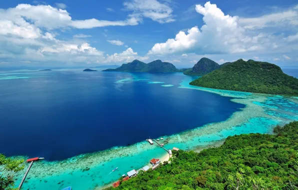Sea, forest, beach, the sky, the sun, trees, mountains, tropics