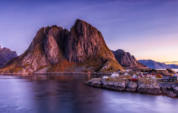 Landscape, mountains, nature, rocks, the evening, Norway, houses, twilight