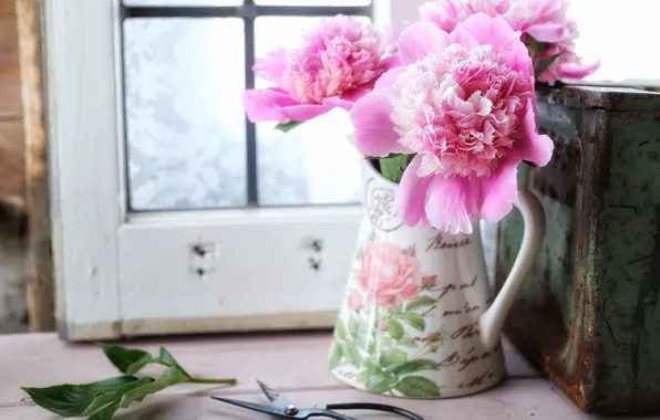 Picture style, pitcher, scissors, peonies