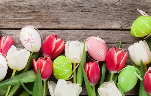 Flowers, eggs, spring, colorful, Easter, red, happy, wood