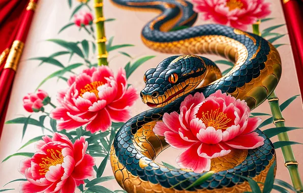 Flowers, snake, Christmas, snakes, New year, peonies, symbol of the year, 2025