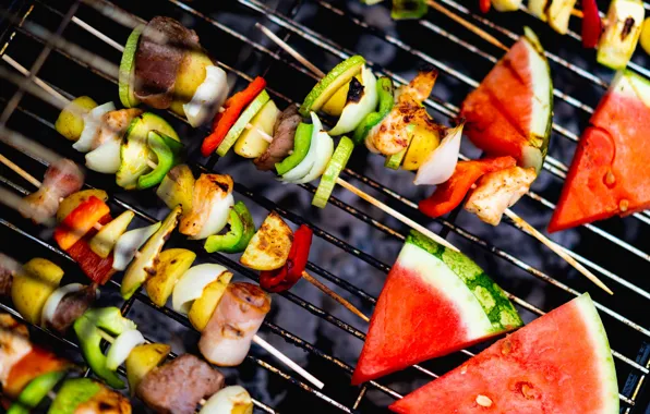 Watermelon, meat, BBQ, fruit, vegetables, kebab, skewers, skewers