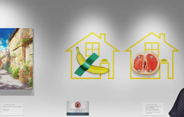 Banana, grapefruit, exhibition, picture frame, art gallery
