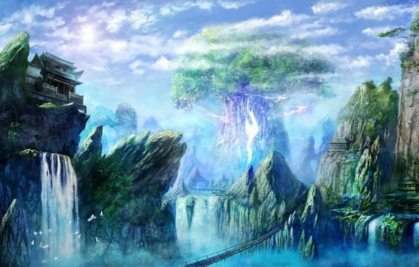 The sky, bridge, rocks, figure, waterfall, home, art, big tree