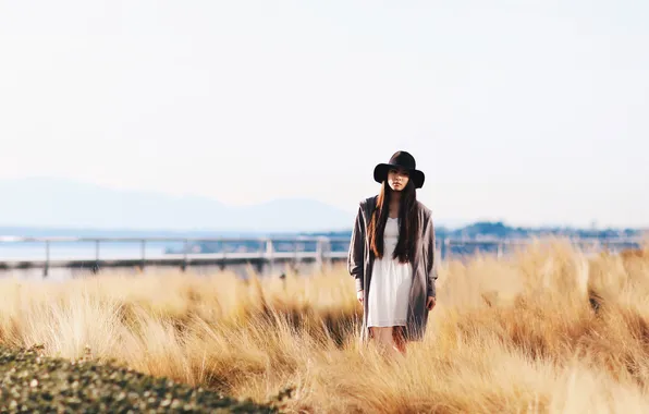 Field, the sky, grass, girl, mountains, bridge, hair, hat