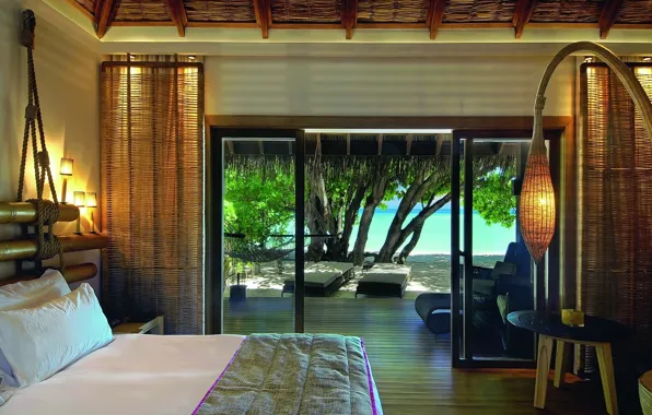 Beach, beautiful, view, tree, maldives, room, interior, bed