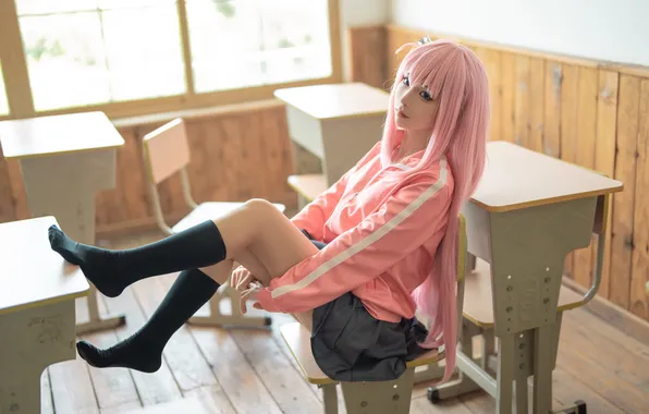 Asian, model, women, cosplay, socks, classroom, black socks, knee high socks