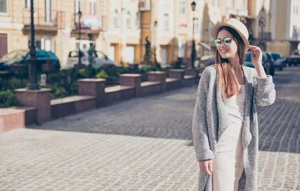 Girl, the city, pose, smile, street, model, makeup, glasses