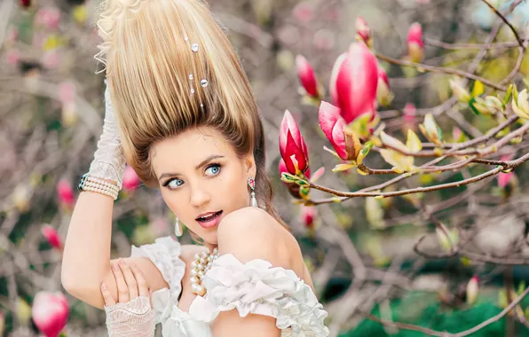 Look, flowers, branches, pose, style, model, portrait, surprise